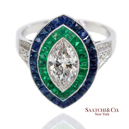 GIA_18K 750 Solid White Gold Natural Diamond Emerald and Sapphire Milgrain Ring