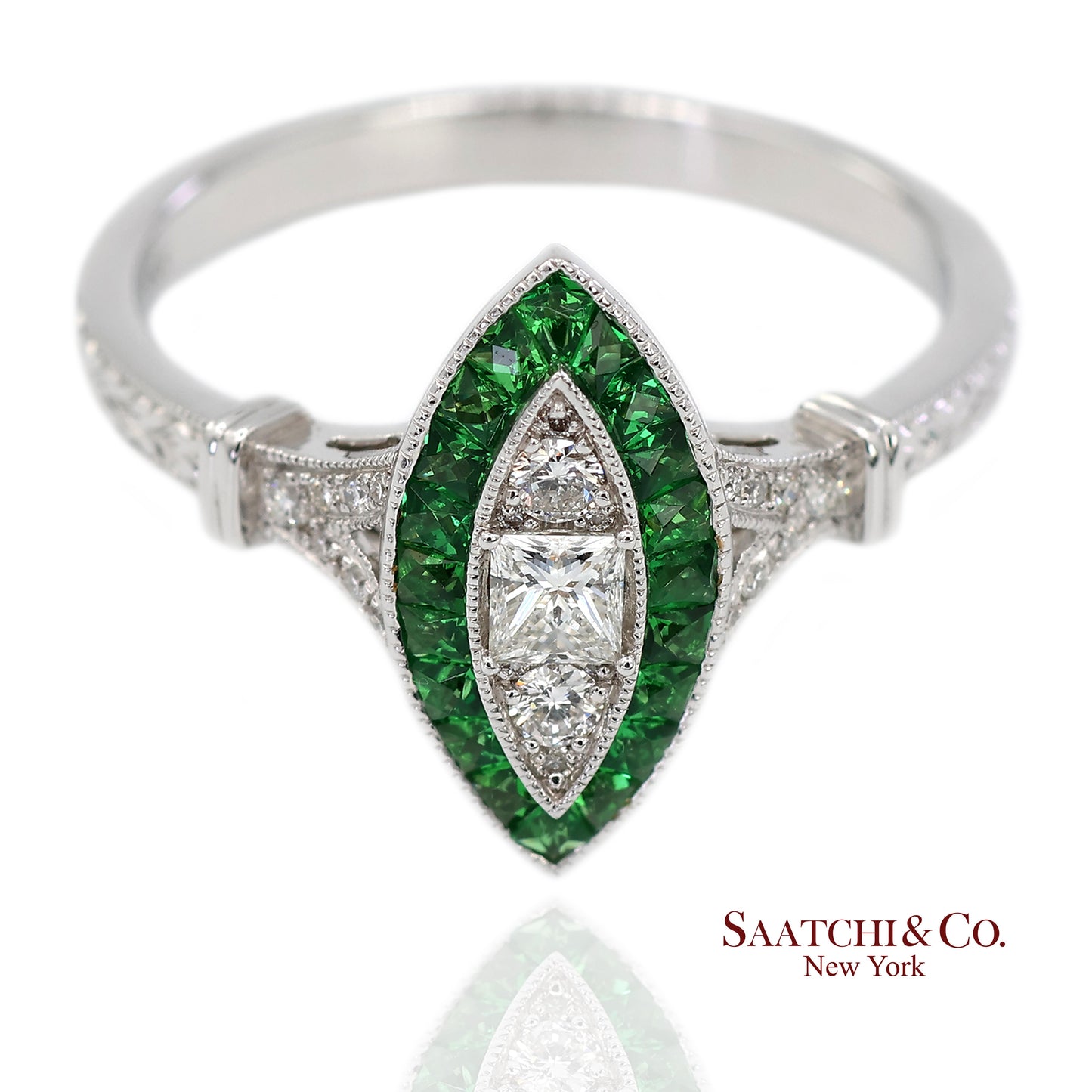 18K (750) White Gold Natural Diamond and Tsavorite Marquise Milgrain Ring
