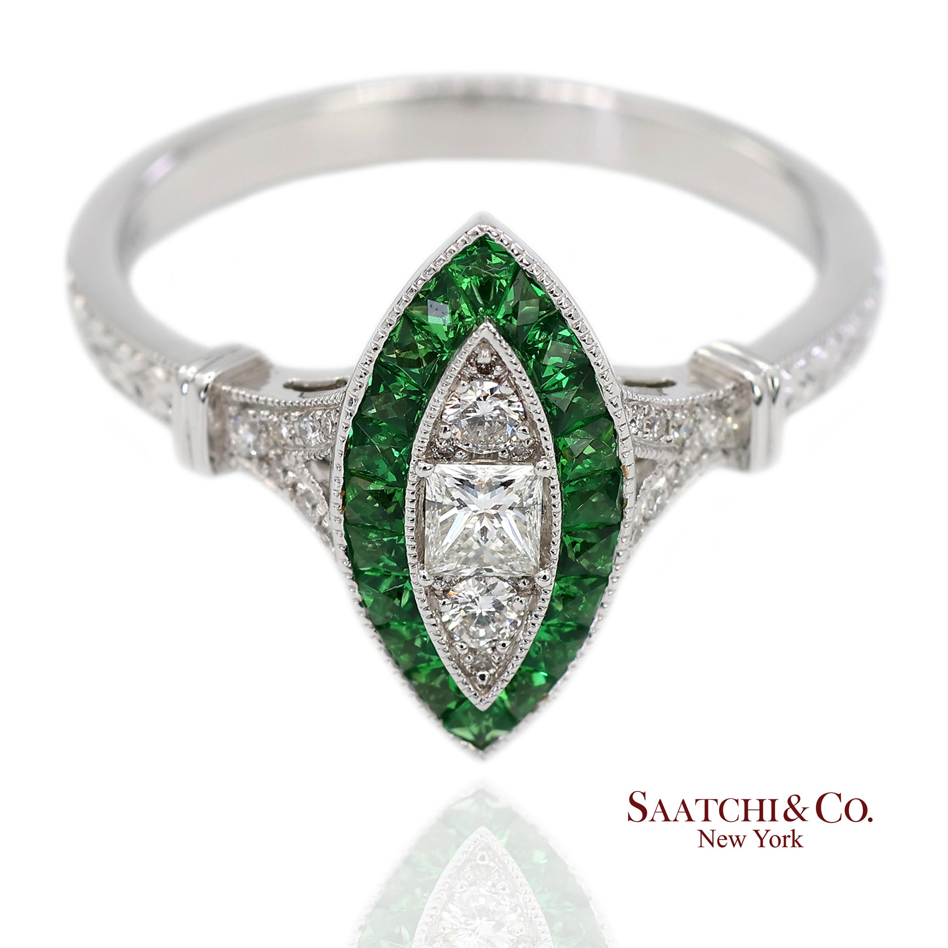 18K (750) White Gold Natural Diamond and Tsavorite Marquise Milgrain Ring