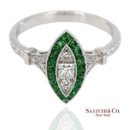 18K (750) White Gold Natural Diamond and Tsavorite Marquise Milgrain Ring