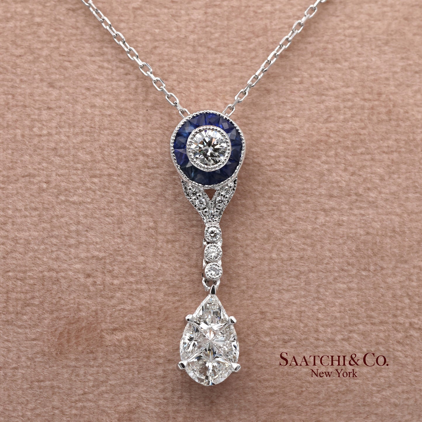 18K White Gold Natural Diamond and Pie Cut Sapphire Pendant with 14K Gold Chain