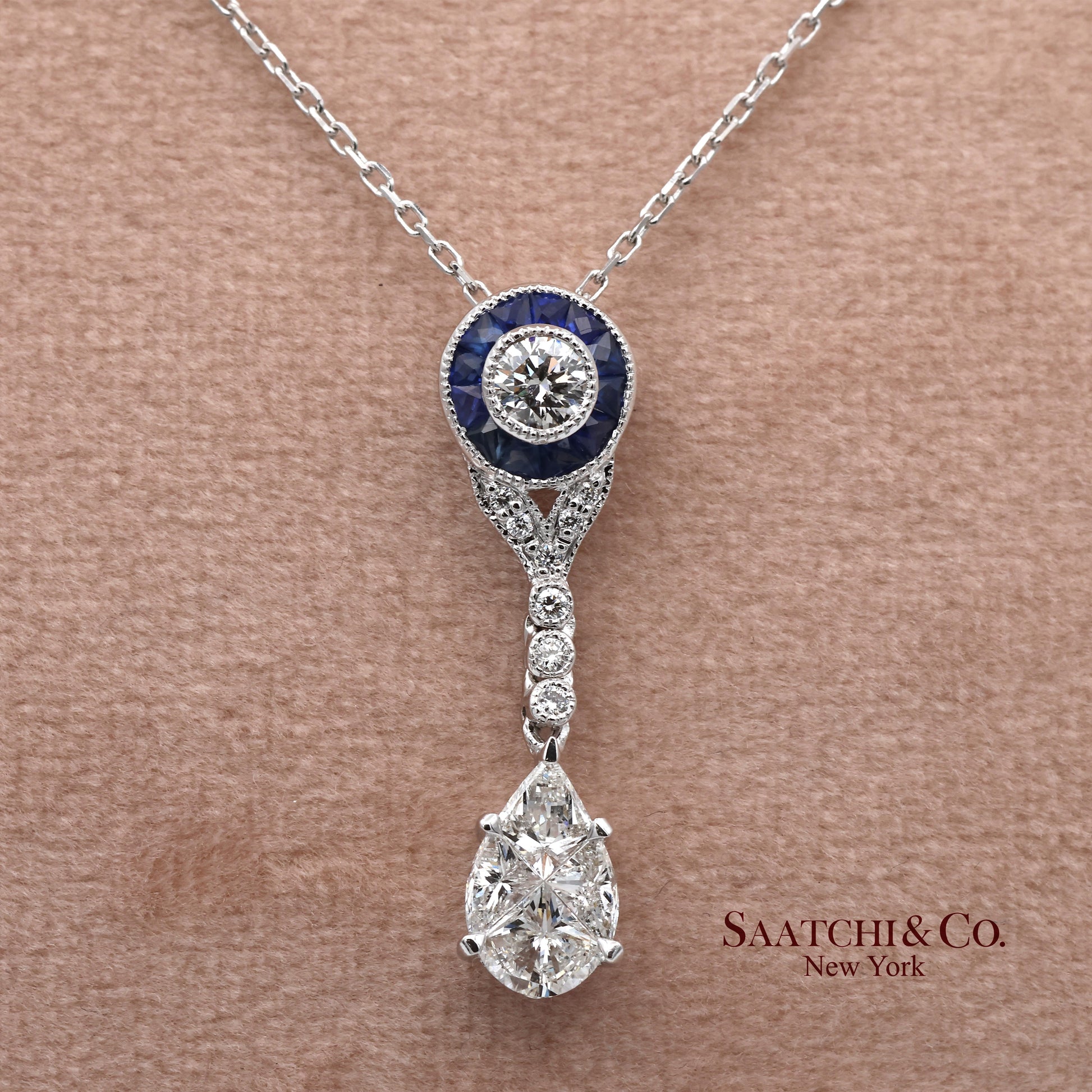 18K White Gold Natural Diamond and Pie Cut Sapphire Pendant with 14K Gold Chain