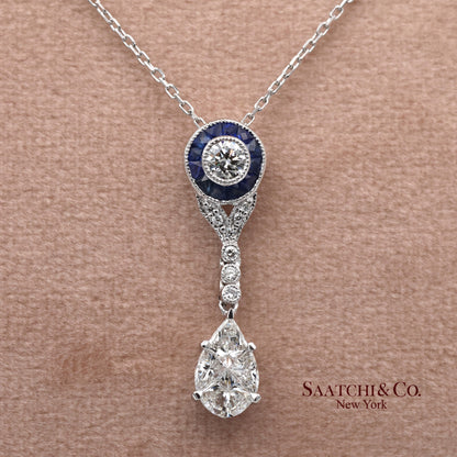 18K White Gold Natural Diamond and Pie Cut Sapphire Pendant with 14K Gold Chain