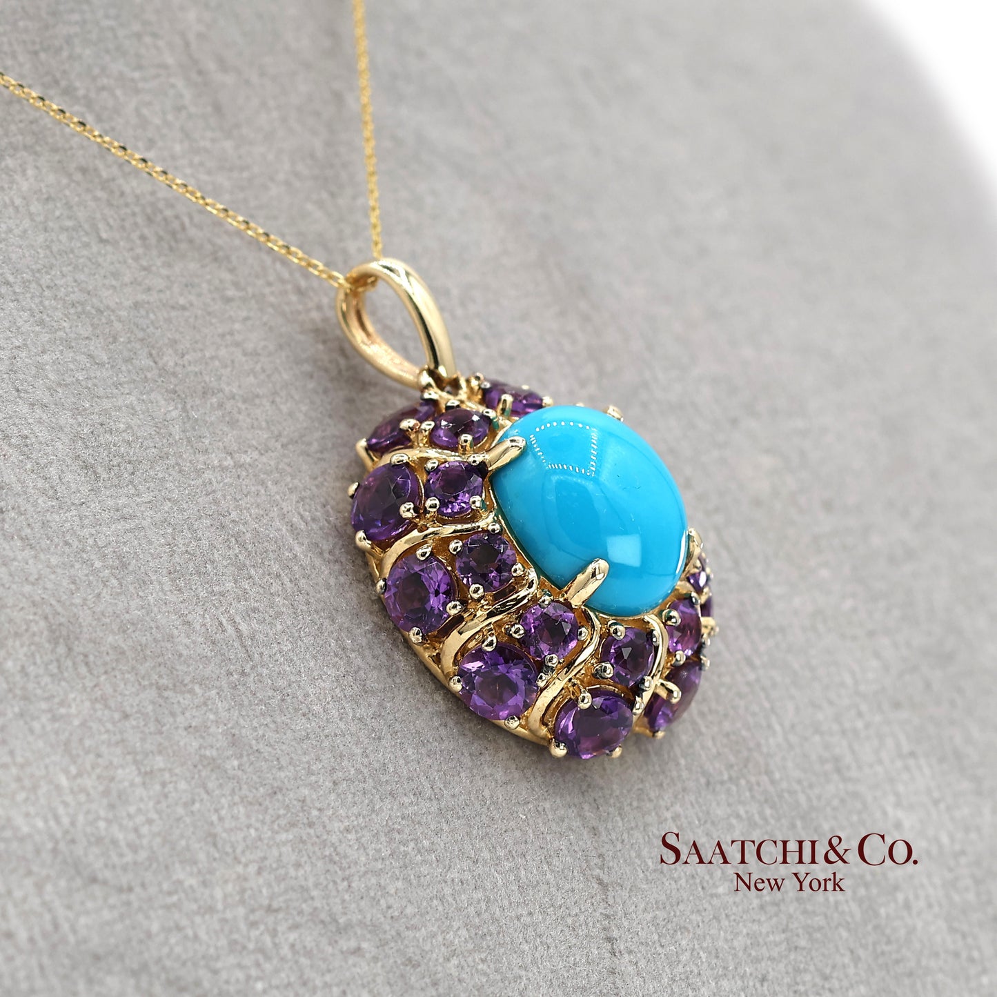 14K Yellow Gold Carlo Viani Turquoise and Amethyst Pendant Necklace with Chain
