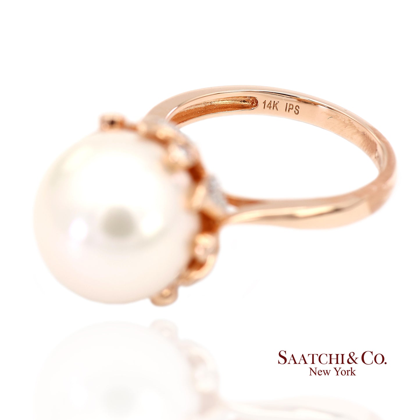 14K (585) Rose Gold Natural Brilliant Diamond and White Pearl Ring