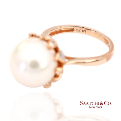 14K (585) Rose Gold Natural Brilliant Diamond and White Pearl Ring