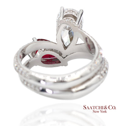 18K(750) Solid White Gold Natural Diamond and Ruby Toi et Moi Ring