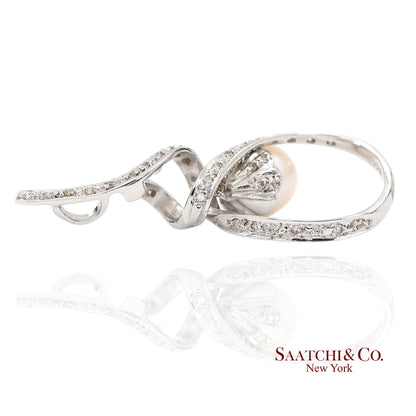 18K (750) White Gold Natural Diamond and White Pearl Pendant Necklace