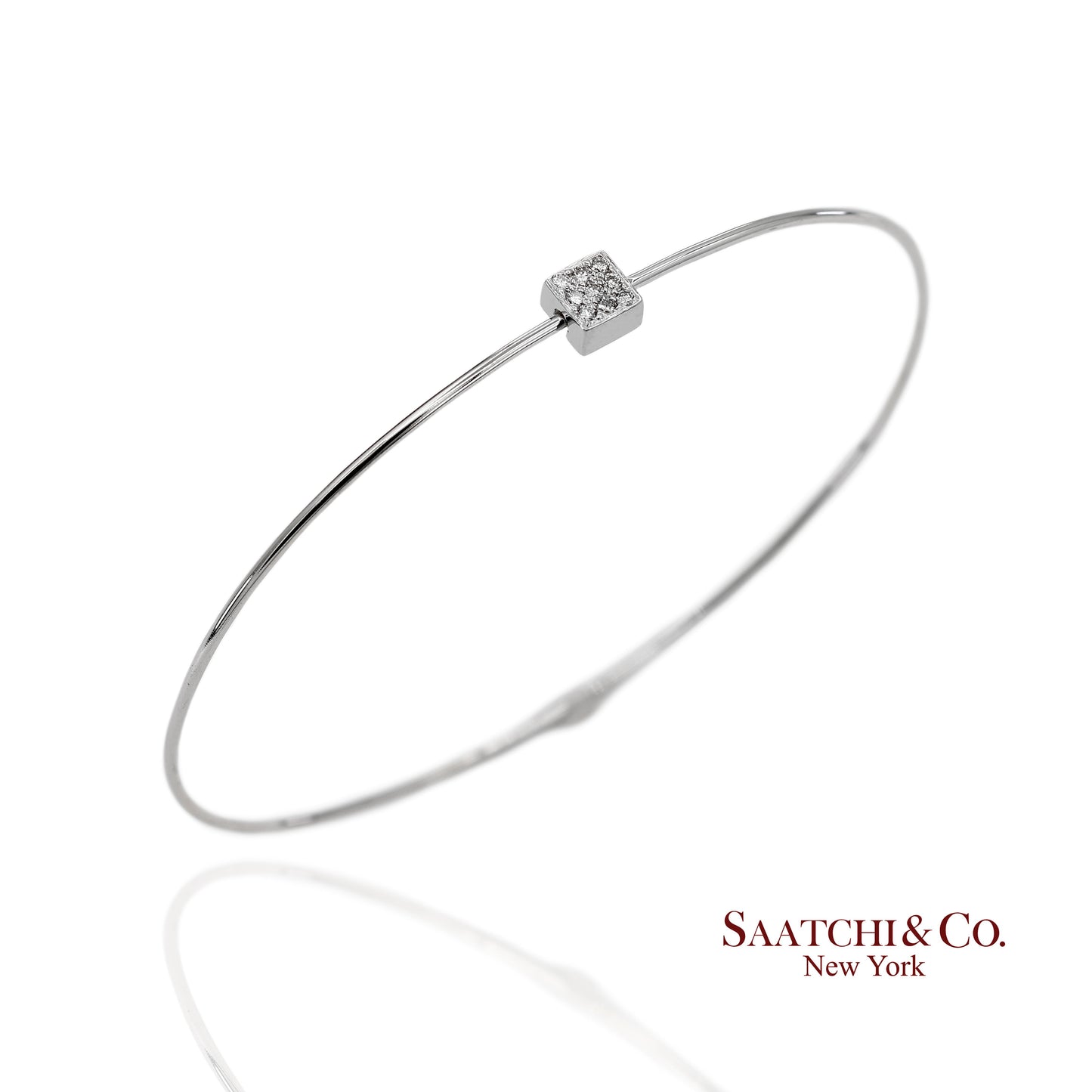 18K(750) Solid White Gold Natural Diamond Square Shape Bangle Bracelet