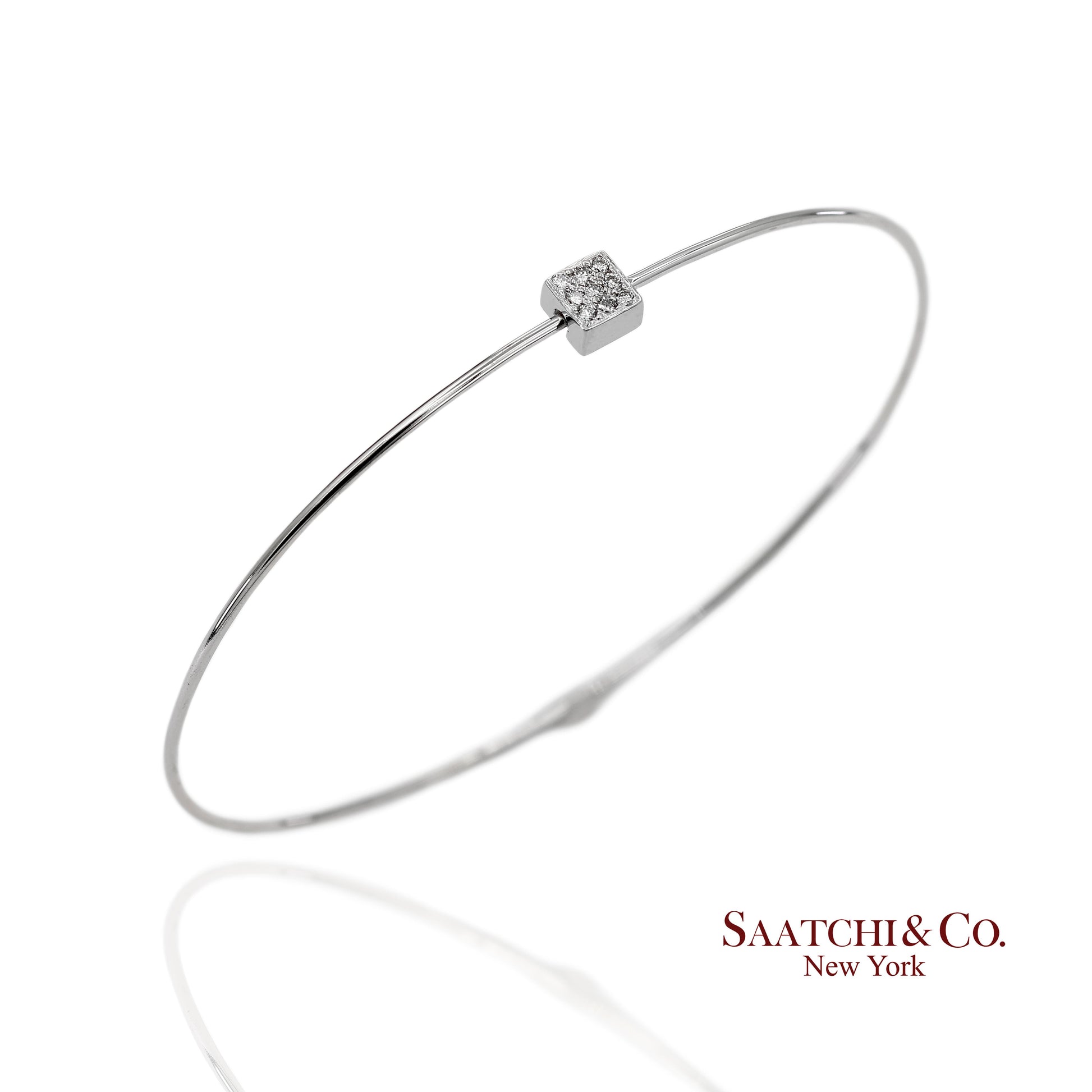 18K(750) Solid White Gold Natural Diamond Square Shape Bangle Bracelet