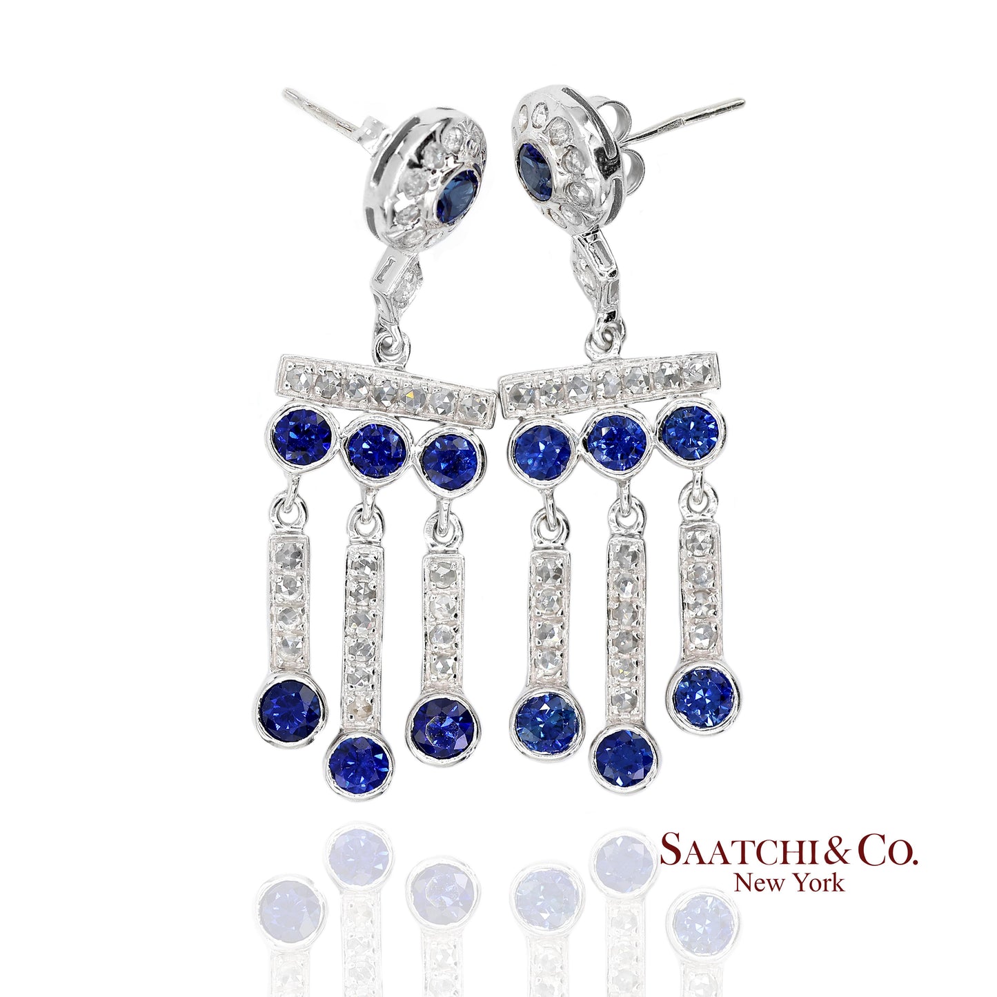 14K(585) Vintage White Gold Natural Diamond and Sapphire Earrings