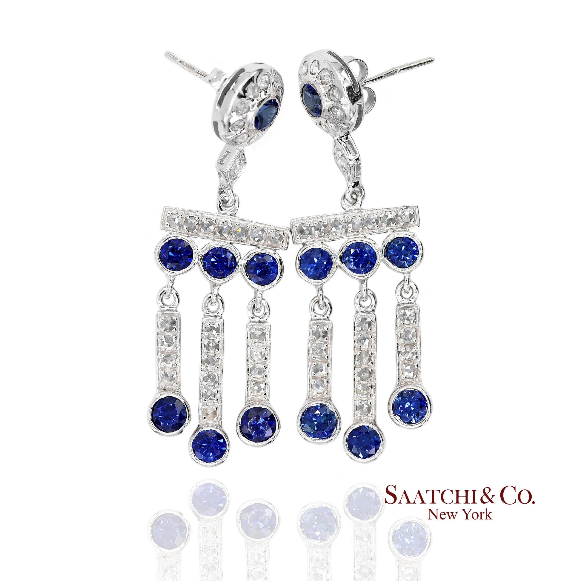 14K(585) Vintage White Gold Natural Diamond and Sapphire Earrings