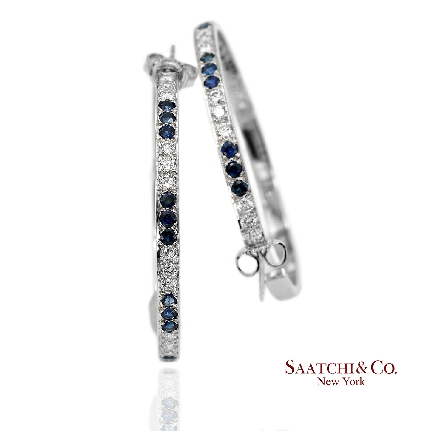 18K(750) Solid White Gold Natural Diamond and Sapphire Hoops Earrings