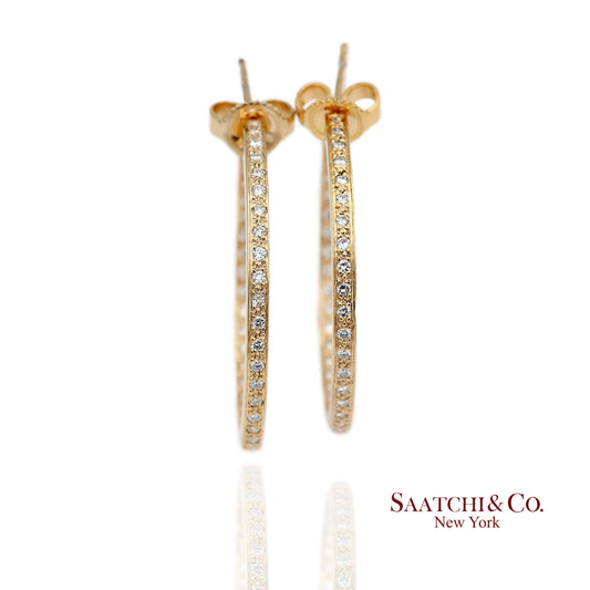 18K(750) Solid Yellow Gold In and Out Natural Diamond Hoop Earrings