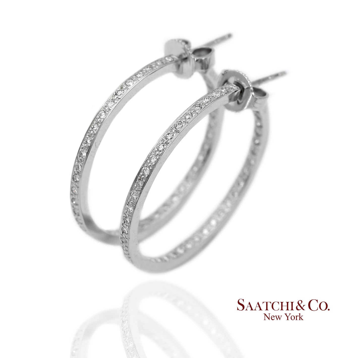 18K(750) Solid White Gold In and Out Natural Diamond Hoop Earrings