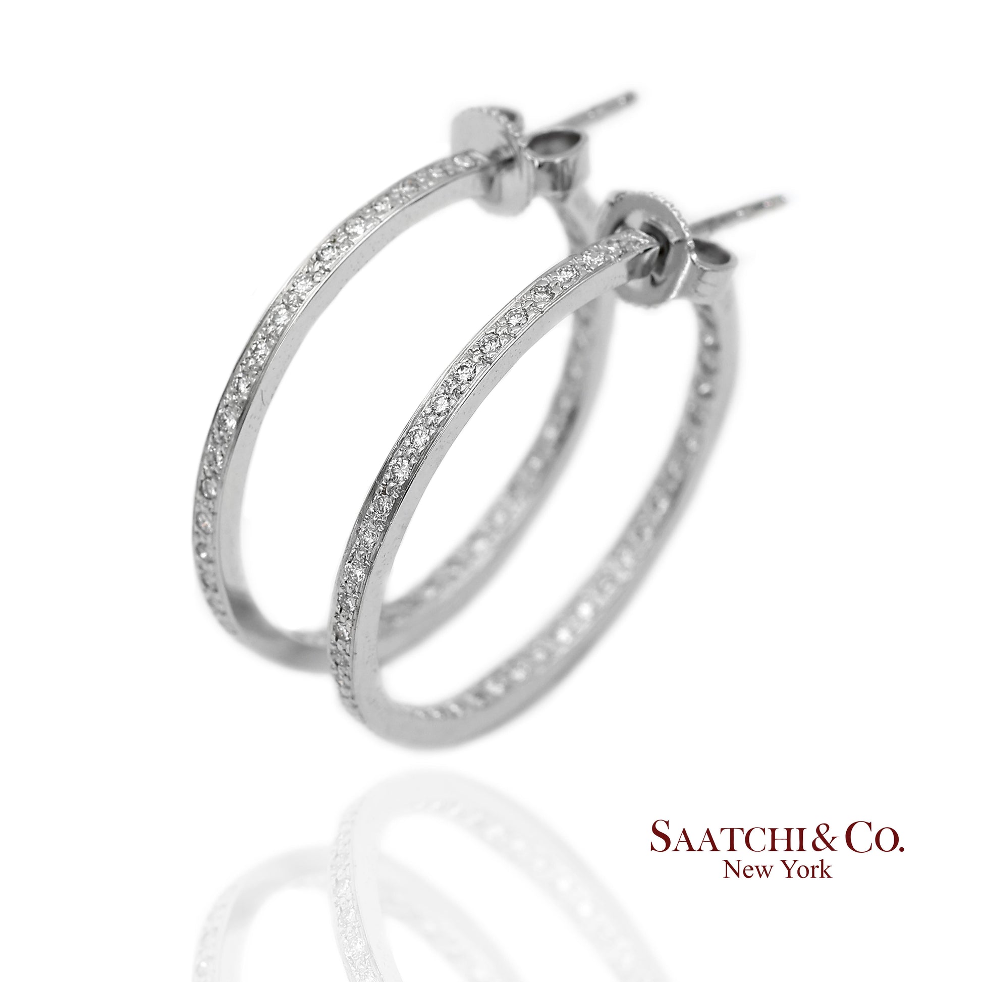 18K(750) Solid White Gold In and Out Natural Diamond Hoop Earrings