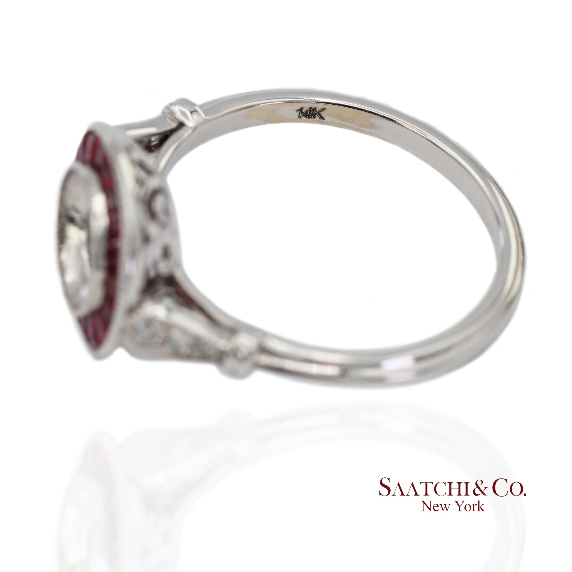 14K (585) White Gold Natural Brilliant Diamond Semi Mount Ruby Ring Size 7