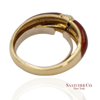 Vintage Faberge 18K (750) Solid Yellow Gold Red Enamel Diamond Ring