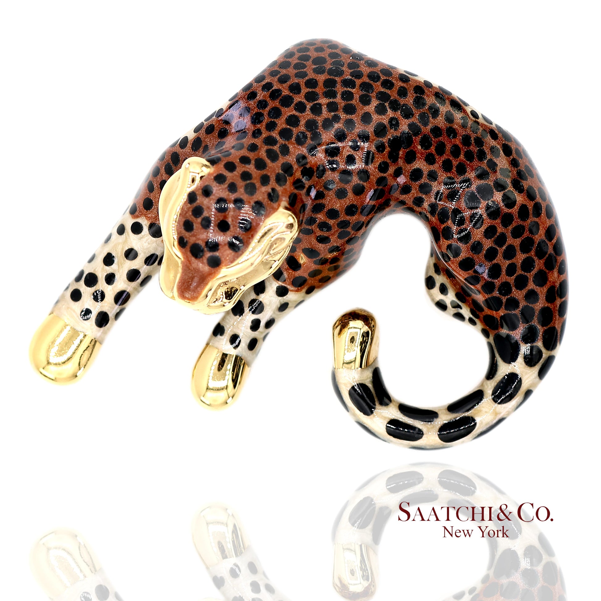 14K (585) Solid Yellow Gold Enamel Leopard Pendant Necklace
