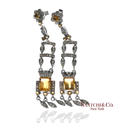14K(585) White Gold Natural Diamond and Yellow Sapphire Pretty Teardrop Earrings