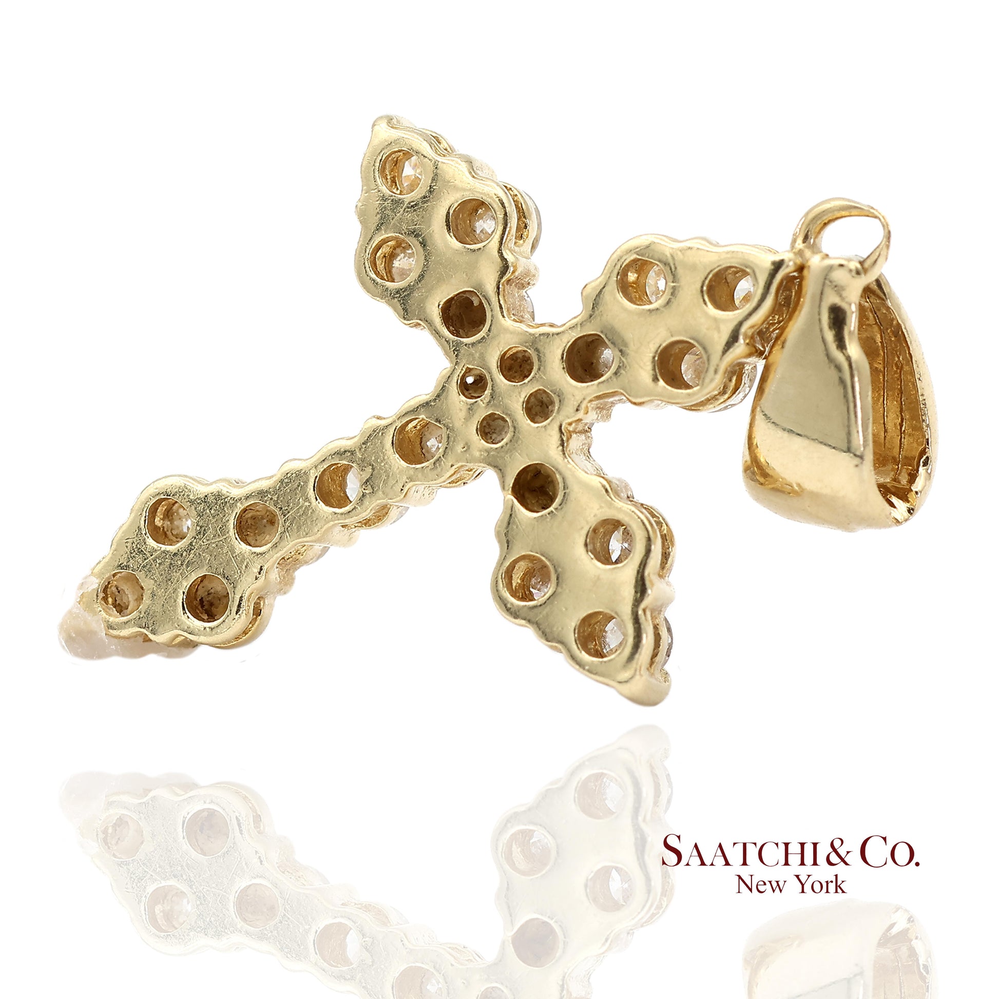14K(585) Solid Yellow Gold Natural Diamond Cross Pendant Necklace
