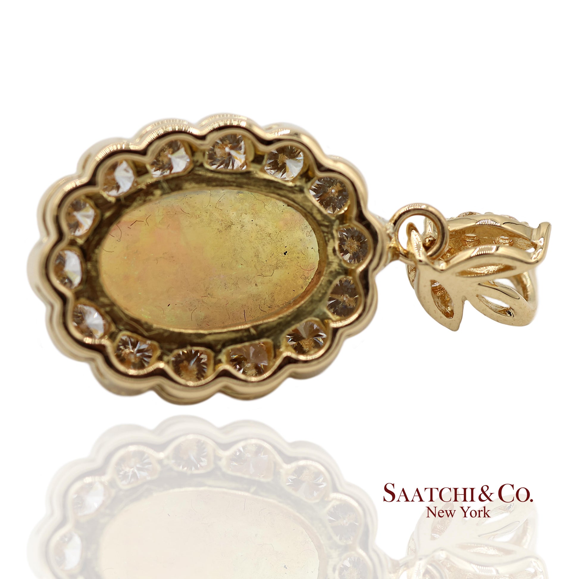 18K 750 Solid Yellow Gold Natural Diamond and Natural Opal Pendant Necklace