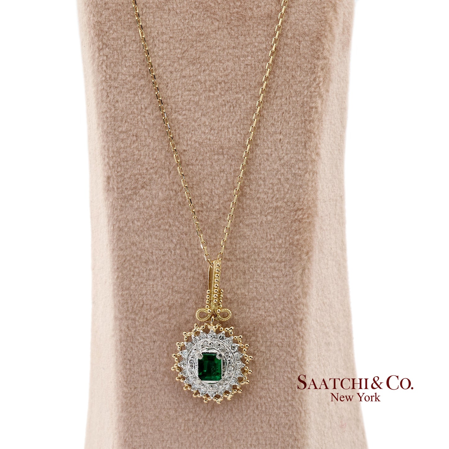 18K 750 Solid Yellow Gold & Platinum 900 Natural Diamond and Emerald Pendant