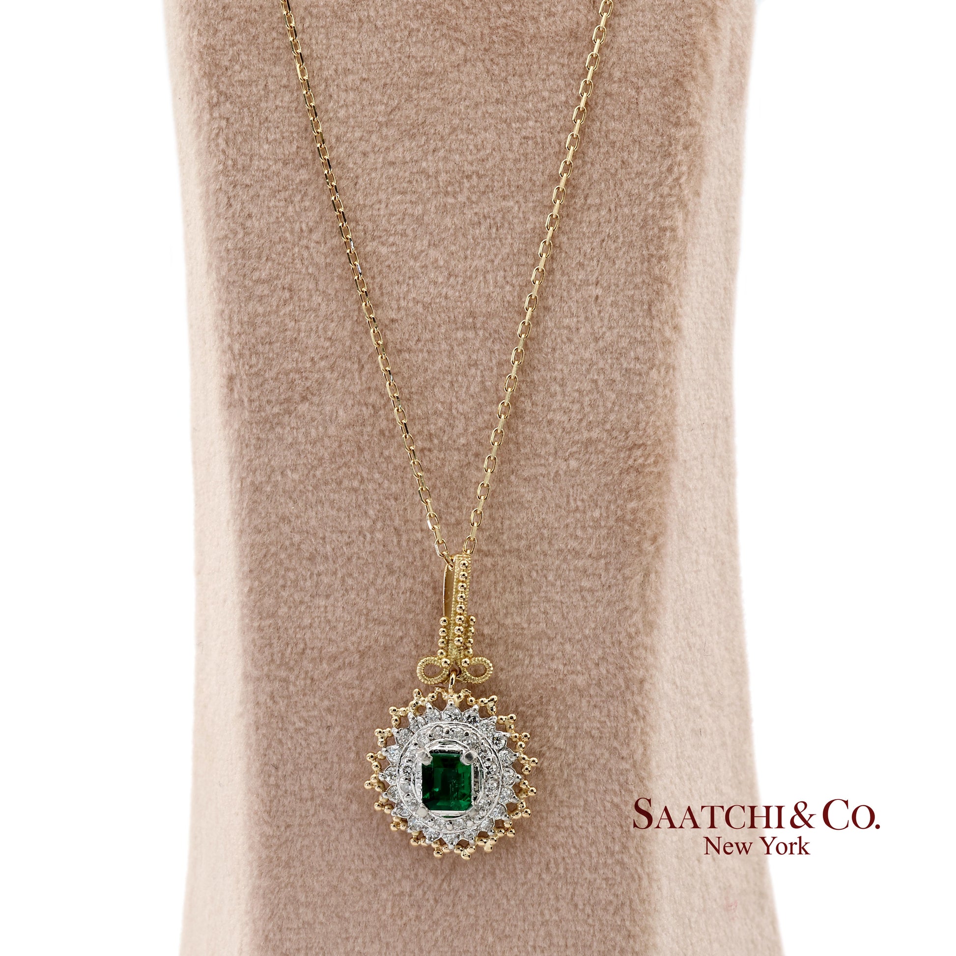 18K 750 Solid Yellow Gold & Platinum 900 Natural Diamond and Emerald Pendant