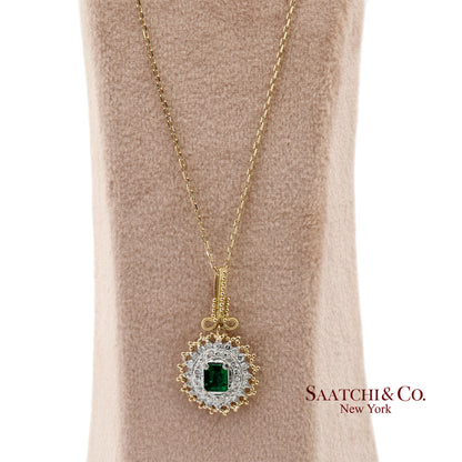 18K 750 Solid Yellow Gold & Platinum 900 Natural Diamond and Emerald Pendant