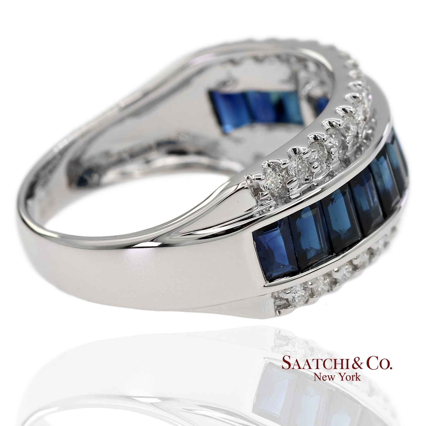 18K 750 Solid White Gold Natural Diamond and Natural Sapphire Band Ring