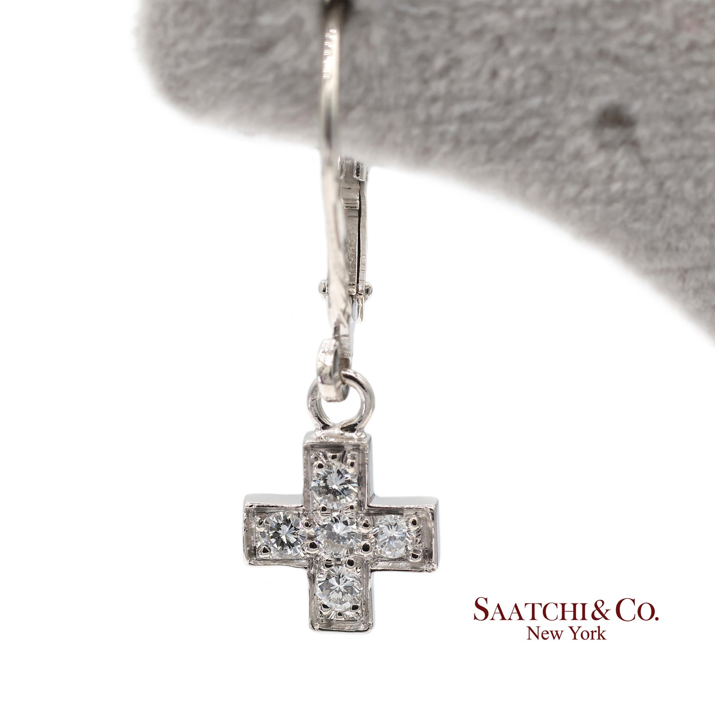 18K 750 Solid White Gold Natural Diamond Drop Hanging Cross Shape Earrings