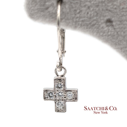 18K 750 Solid White Gold Natural Diamond Drop Hanging Cross Shape Earrings