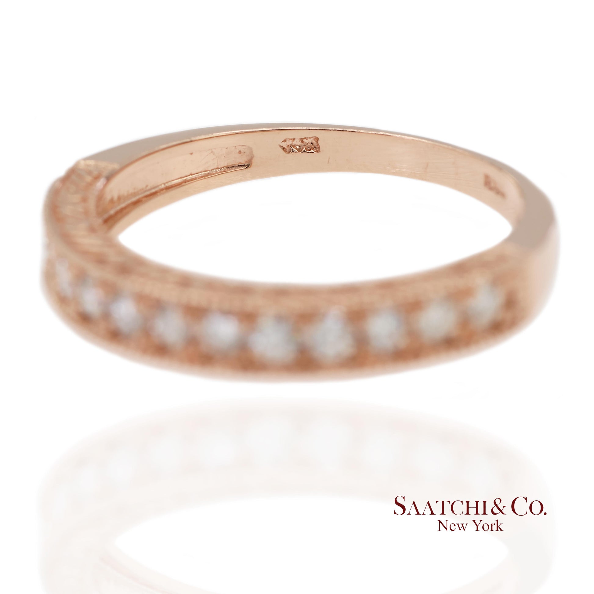 14K 585 Solid Rose Gold Side Engraving Natural Diamond Band Ring