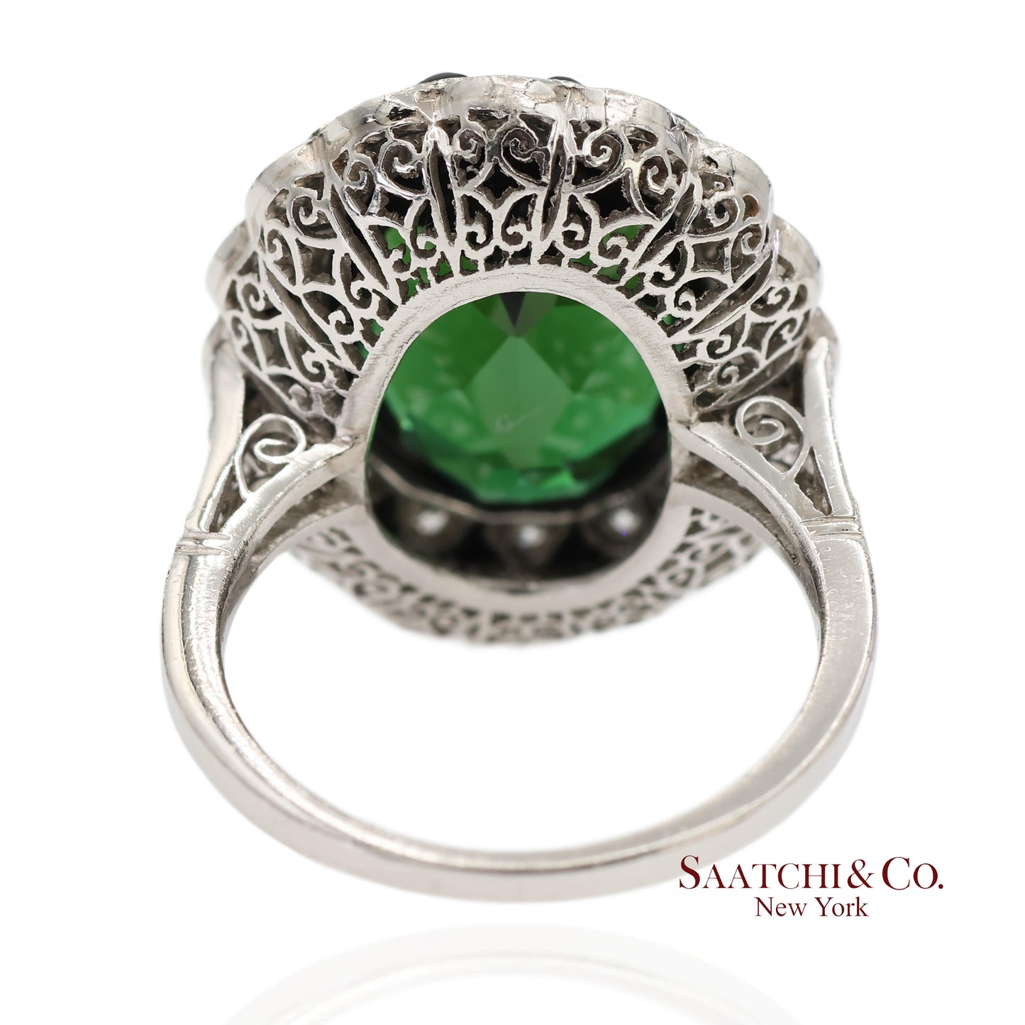 Vintage Platinum 950 Milgrain Natural Diamond and Tourmaline Ring