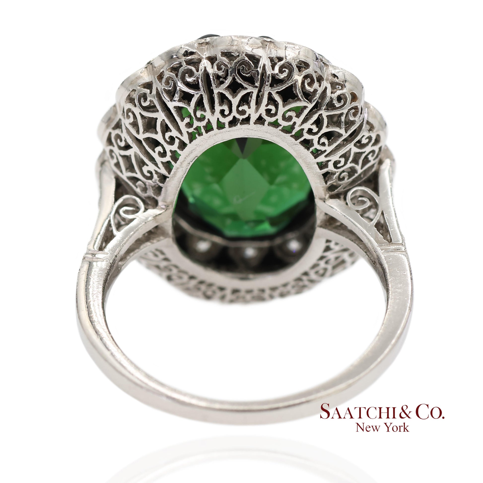 Vintage Platinum 950 Milgrain Natural Diamond and Tourmaline Ring