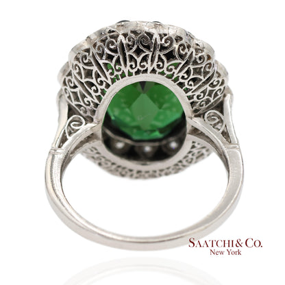 Vintage Platinum 950 Milgrain Natural Diamond and Tourmaline Ring