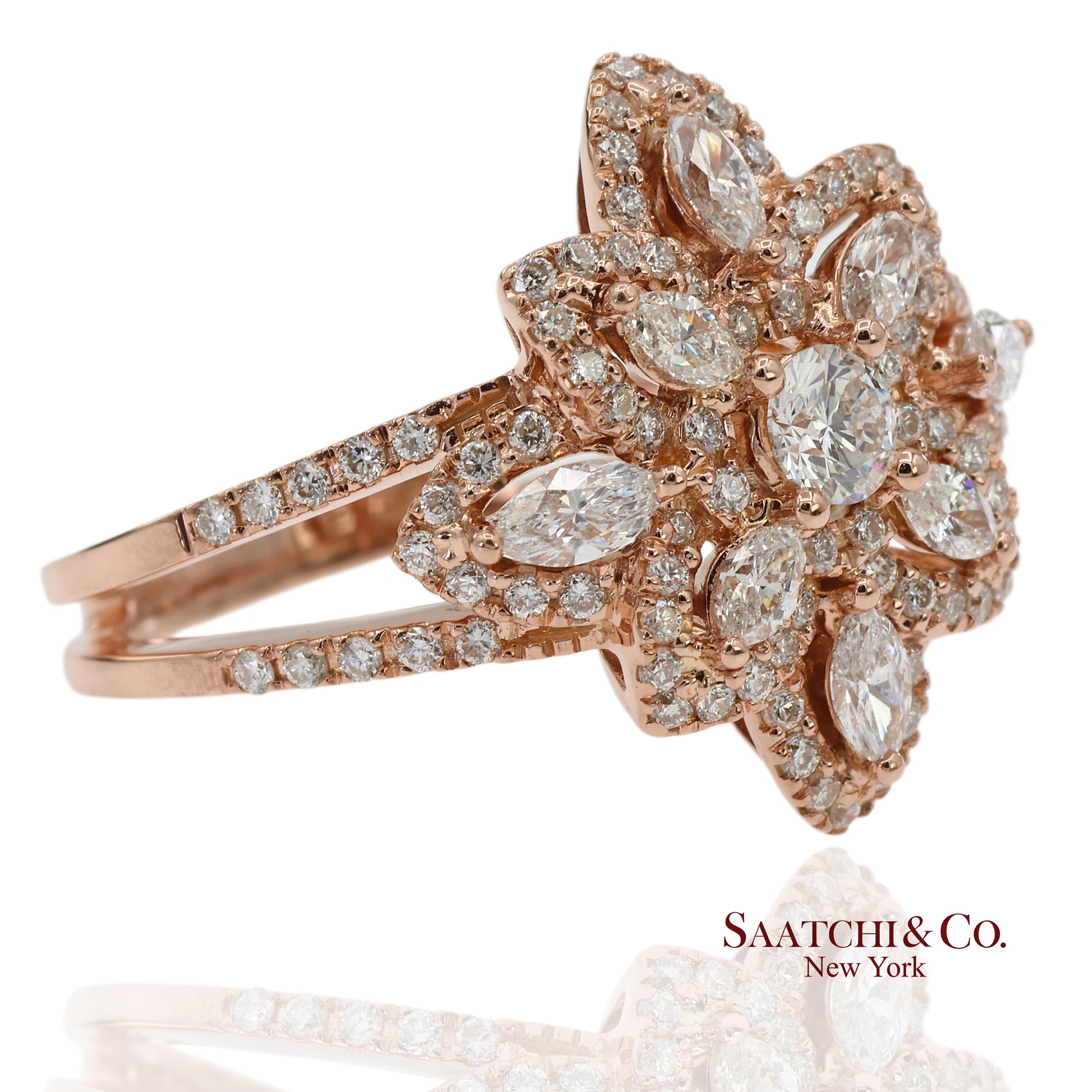 18K 750 Solid Rose Gold Floral Natural Diamond Ring