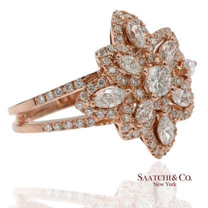 18K 750 Solid Rose Gold Floral Natural Diamond Ring