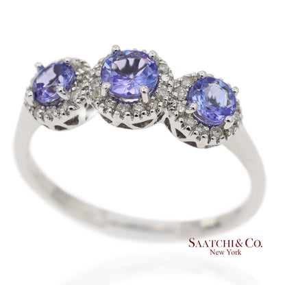 0.40 ct Natural Diamond and 0.80 ct Tanzanite 14K White Gold 3-Stone Ring