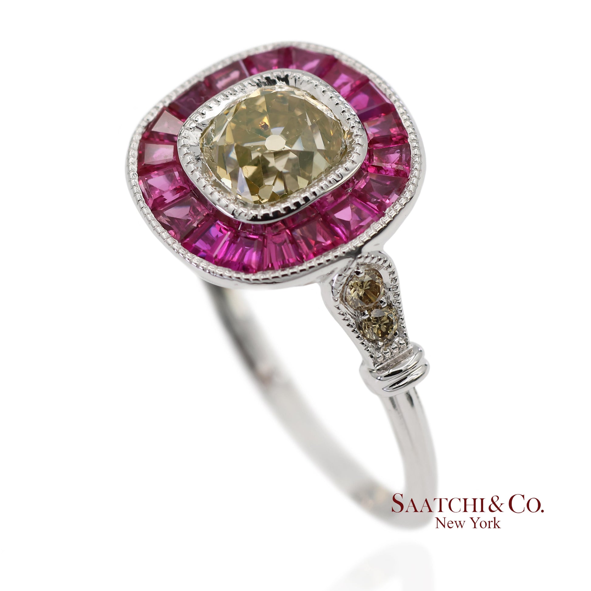 GIA Certified 18K 750 Solid White Gold Natural Diamond and Ruby Engagement Ring