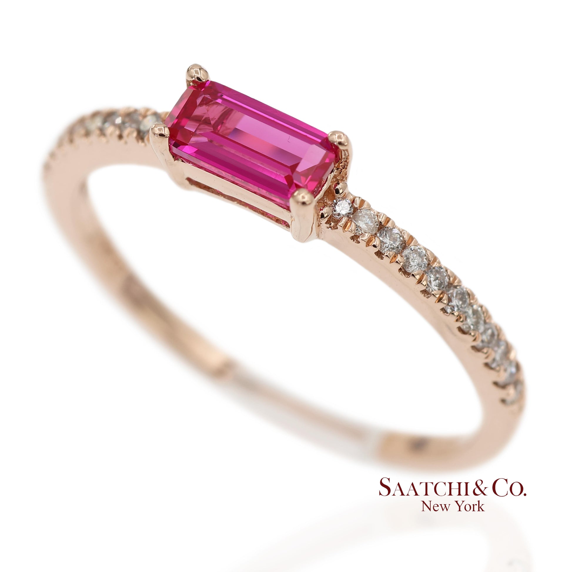 14K 585 Solid Rose Gold Pink Baguette Cut Stone and Natural Diamond Ring