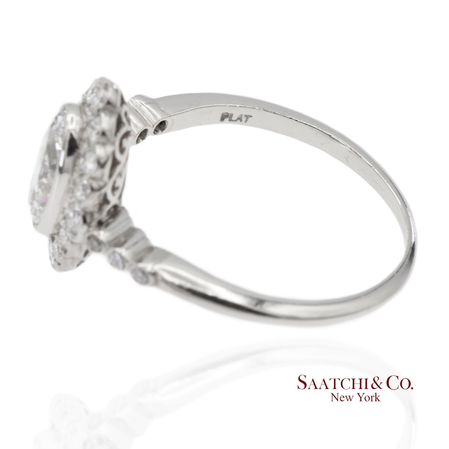 Vintage Platinum 900 Natural Diamond Milgrain Oval Shape Engagement Band Ring