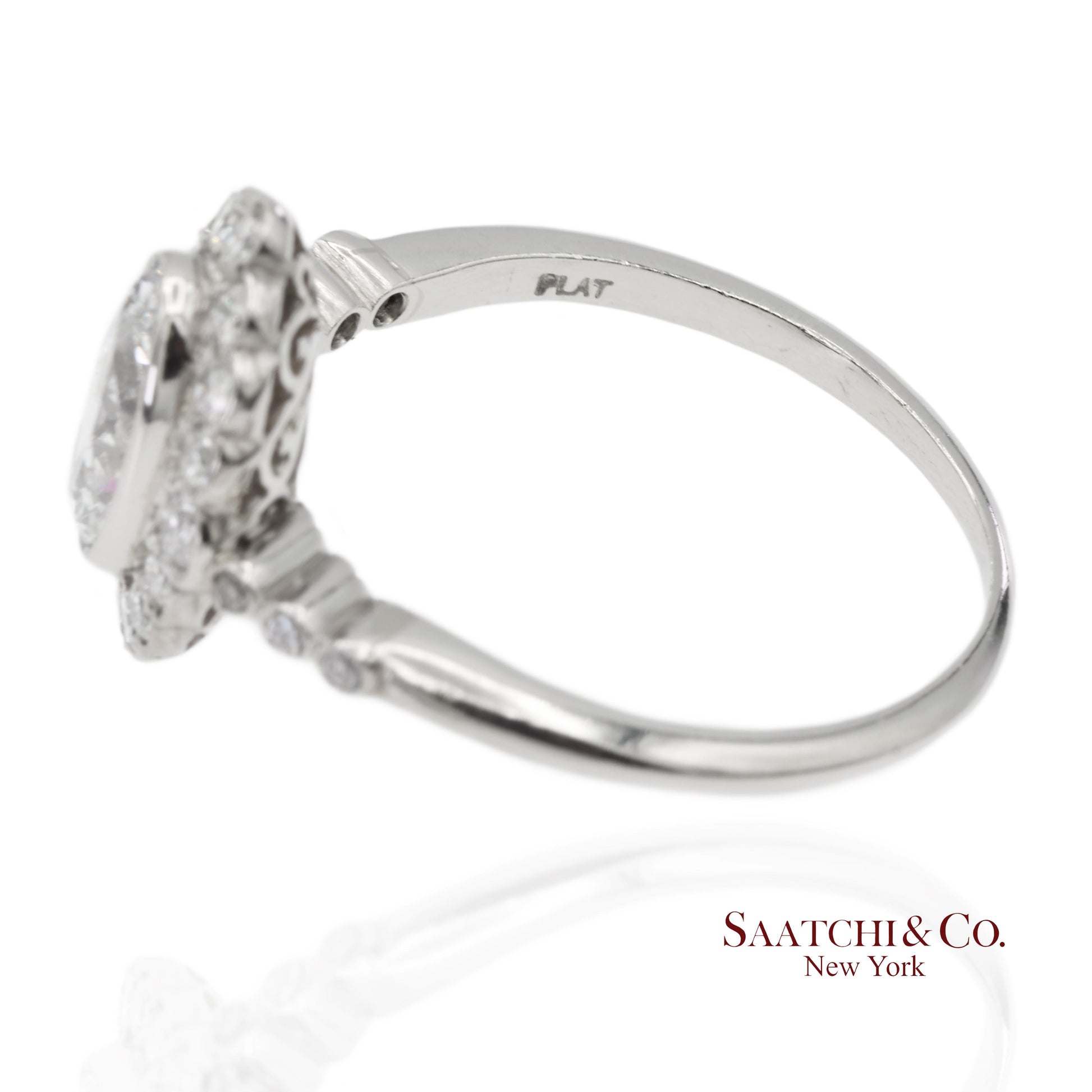 Vintage Platinum 900 Natural Diamond Milgrain Oval Shape Engagement Band Ring