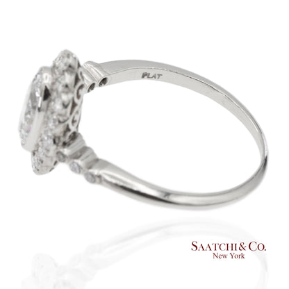 Vintage Platinum 900 Natural Diamond Milgrain Oval Shape Engagement Band Ring