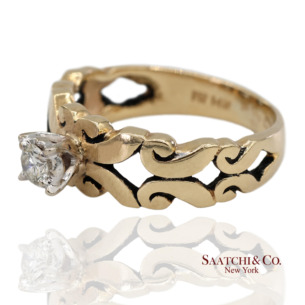 0.13 Ct Natural Diamond 14K Yellow Gold Openwork Scroll Design Ring