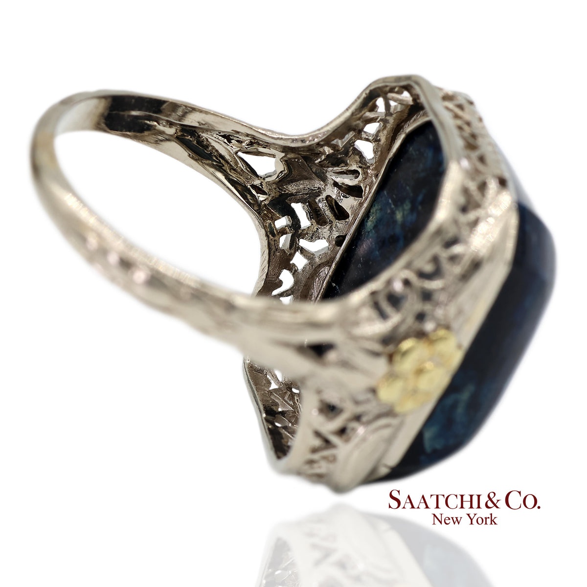 Vintage 14K Two Tone Yellow and White Gold Blue Stone Ornate Floral Motif Ring
