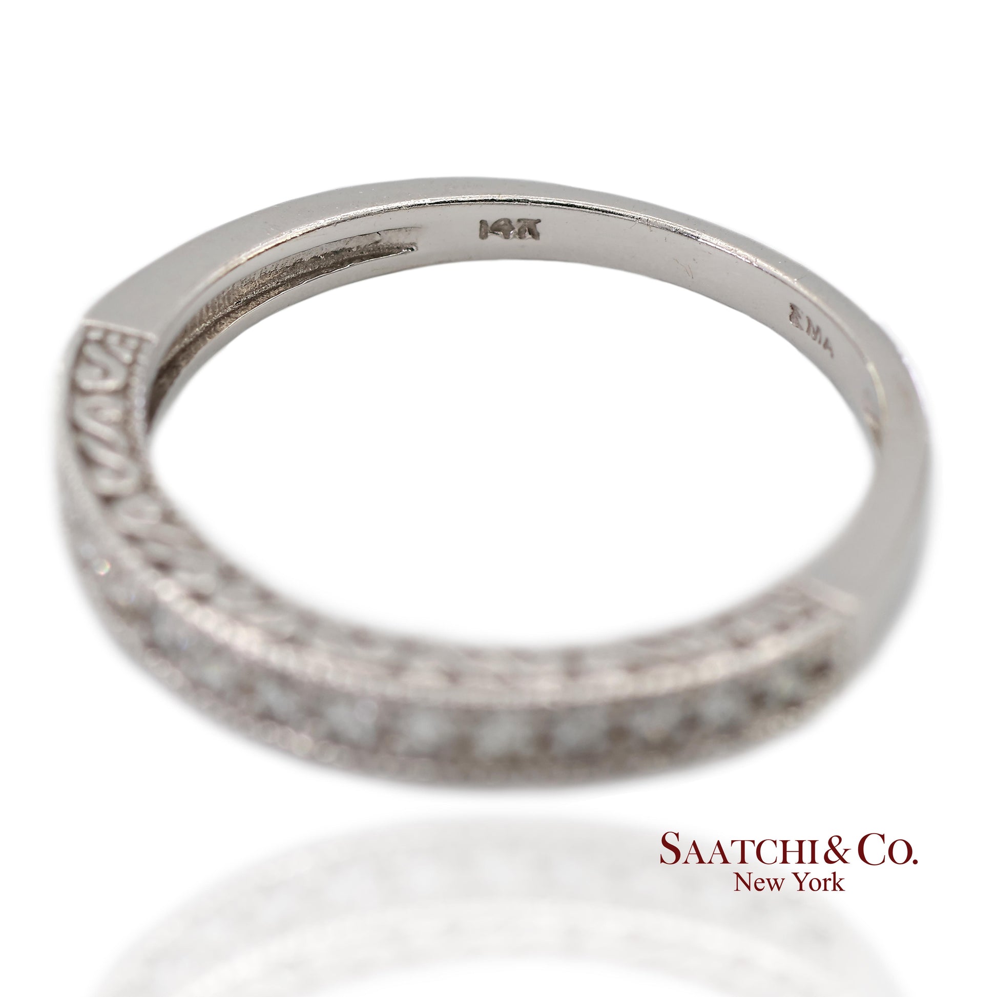 14K 585 Solid White Gold Side Engraving Milgrain Natural Diamond Band Ring
