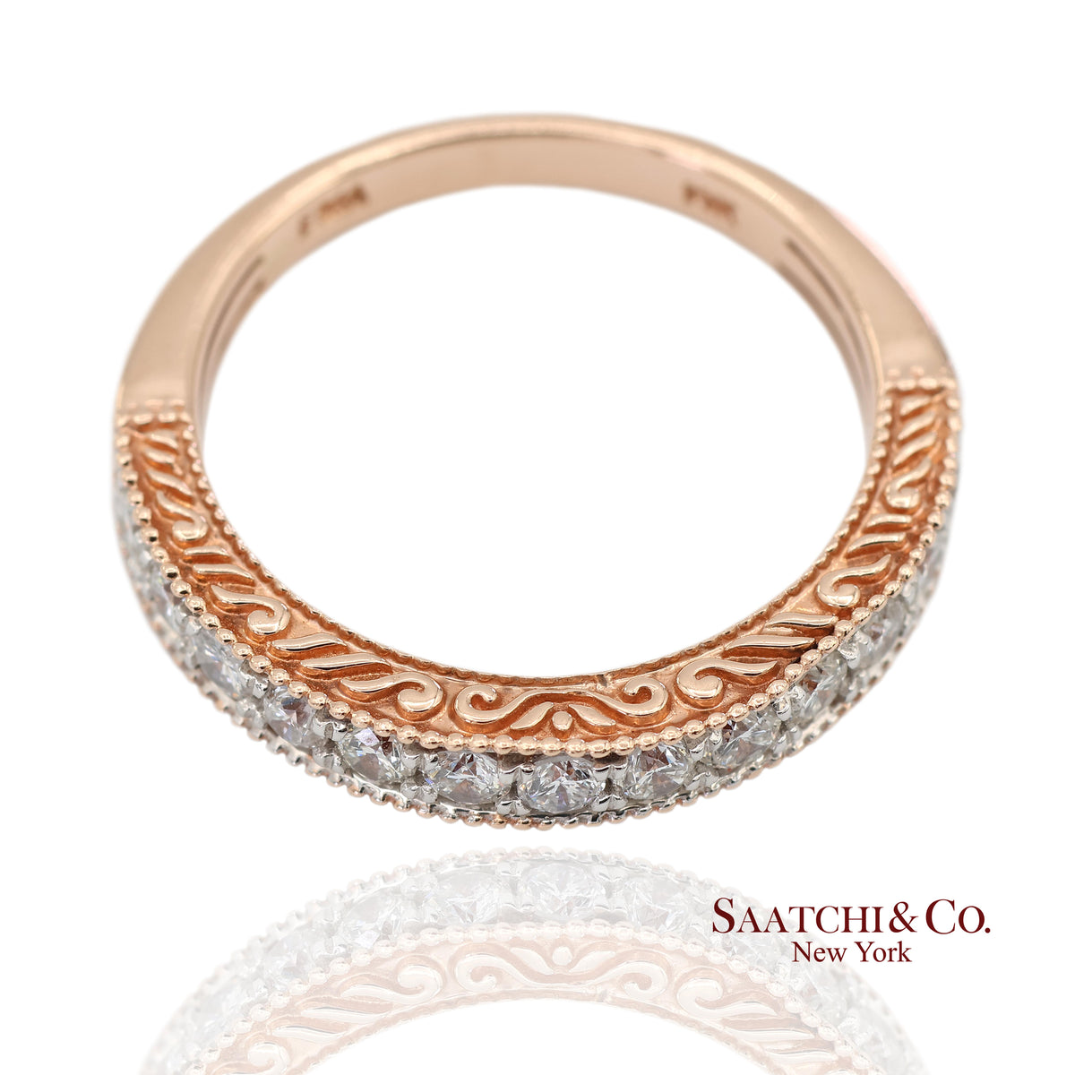14K 585 Rose Gold Natural Diamond Milgrain Engraved Band Ring