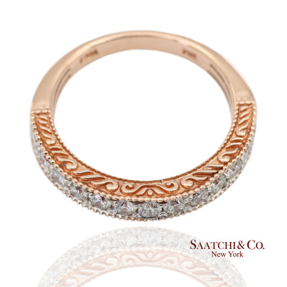 14K 585 Rose Gold Natural Diamond Milgrain Engraved Band Ring