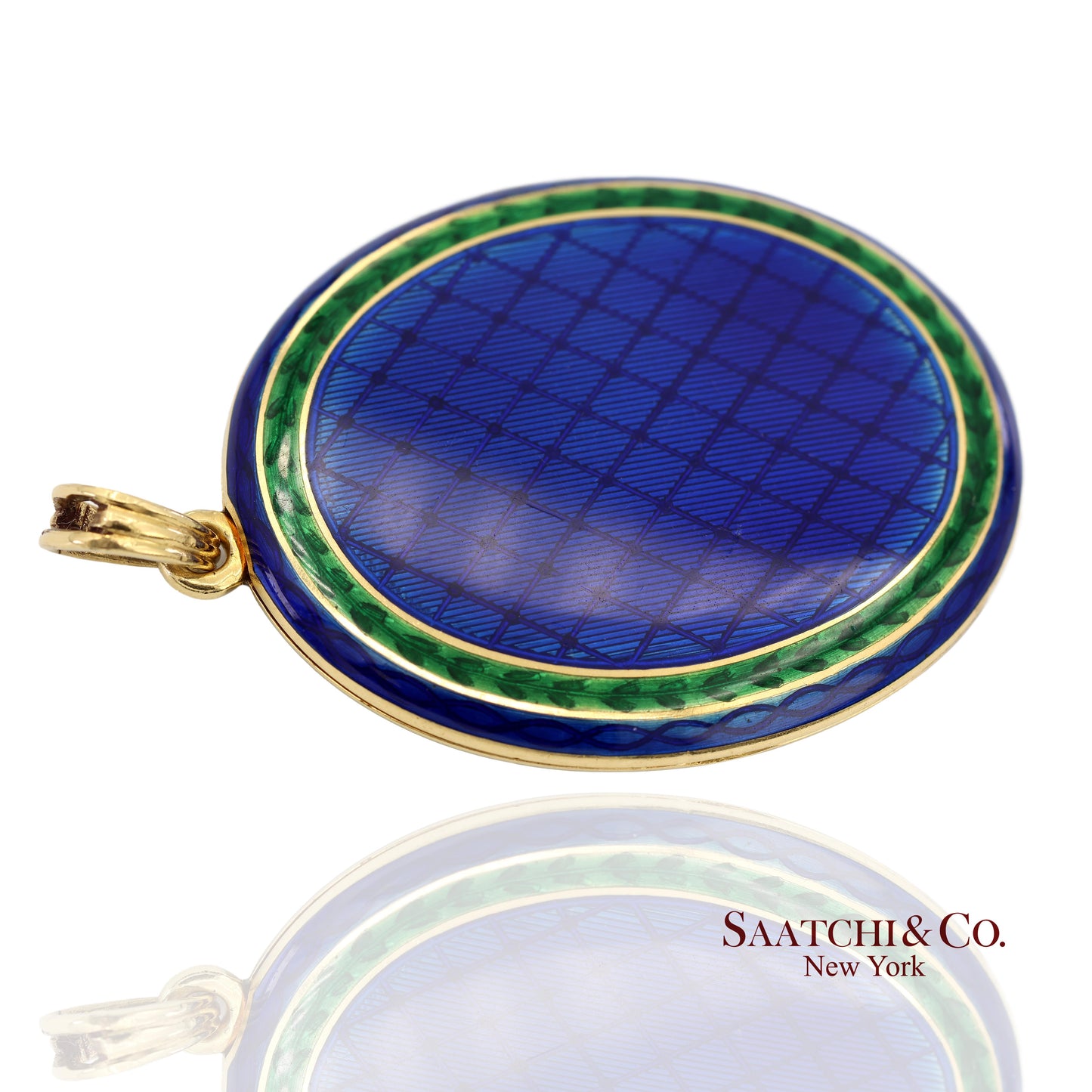 Vintage 18K 750 Yellow Gold Royal Blue & Green Enamel Locket Pendant Necklace
